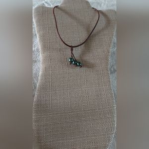 Handmade Green Pearl & Brown Leather Dangle Necklace